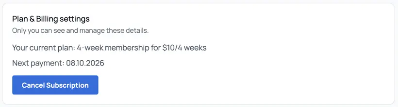 Plan & Billing settings with the ‘Cancel Subscription’ button