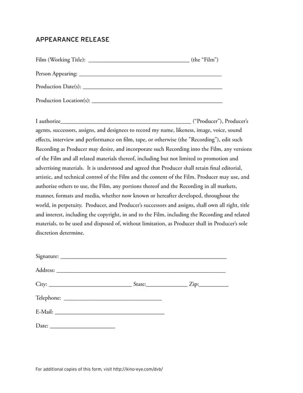 Appearance Release for Film Production and Usage