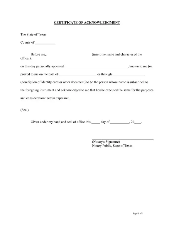 Texas Notary Acknowledgment for Cash Receipt
