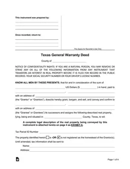 Texas Real Estate Ownership Transfer Warranty Deed - Confidentiality Rights Included form preview