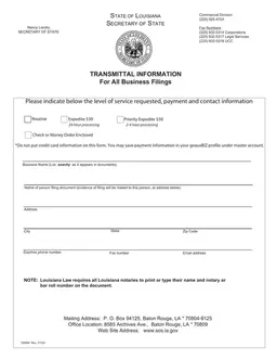 Louisiana Business Filings Transmittal Affidavit - Details and Notary Roll Number Requirement form preview