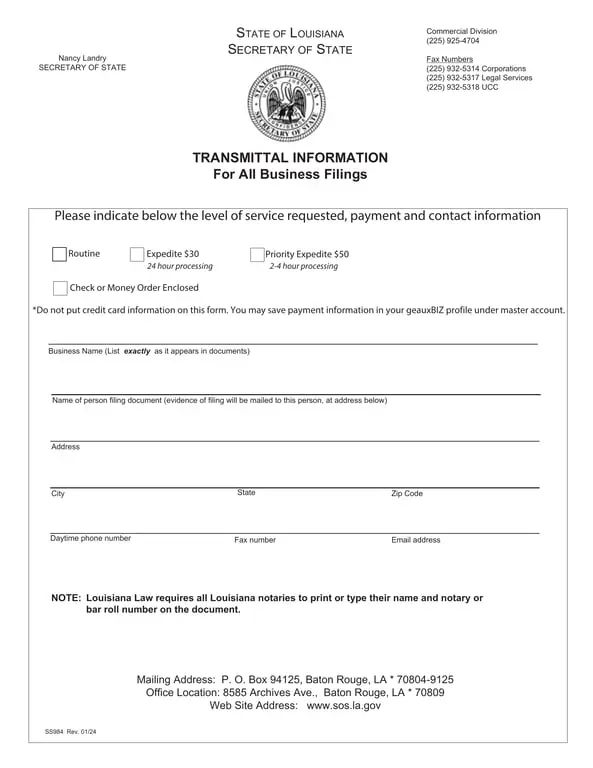 Louisiana Business Filings Transmittal Affidavit - Details and Notary Roll Number Requirement