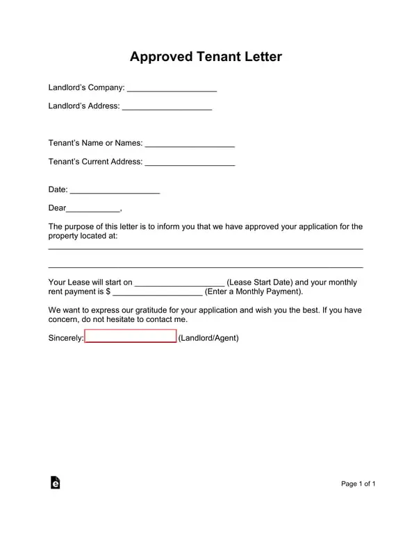 Approved Tenant Letter for Lease Confirmation
