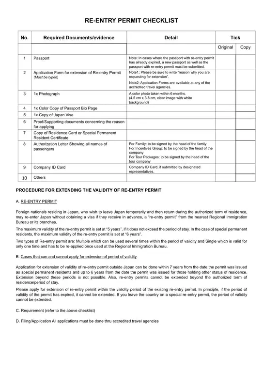 Re-entry Permit Extension Checklist