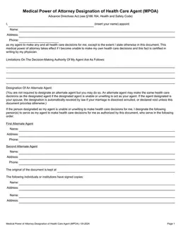 Medical Power of Attorney Designation of Health Care Agent MPOA form preview