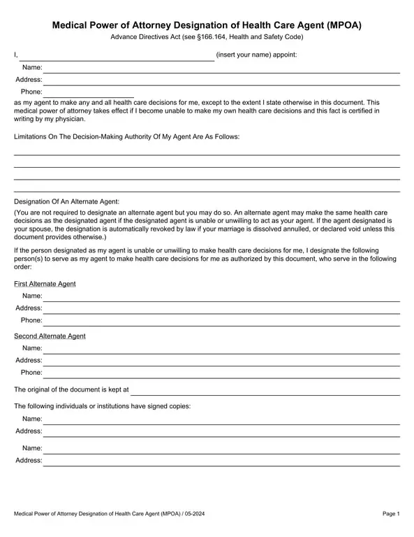 Medical Power of Attorney Designation of Health Care Agent MPOA