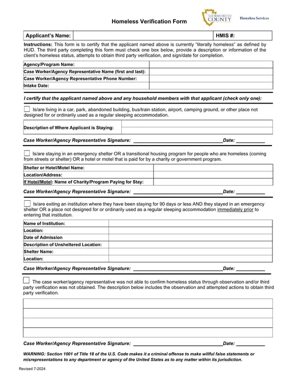 California Homelessness Certification HUD Verification