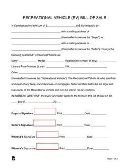 RV Ownership Transfer Bill of Sale form preview