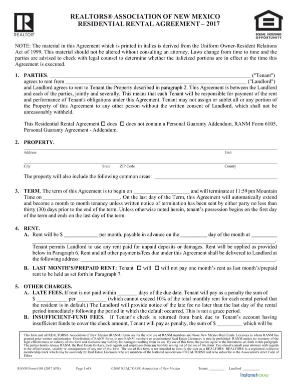 New Mexico Residential Rental Agreement RANM 6101 Update