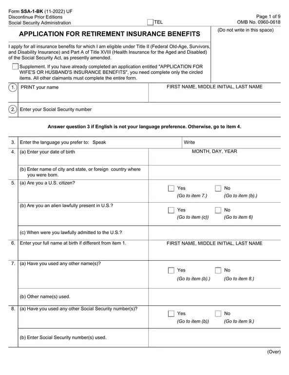 Social Security SSA-1-BK Retirement Insurance Benefits Application