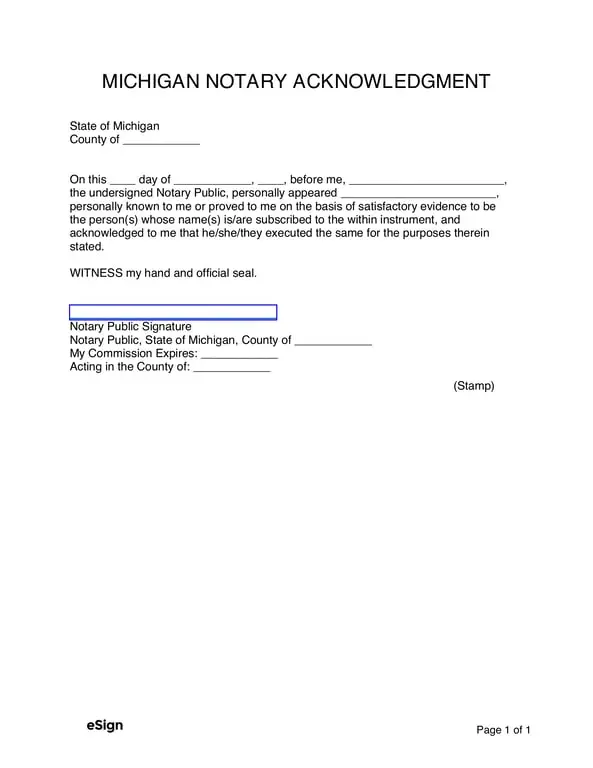 Michigan Notary Acknowledgment Legal Document Certification