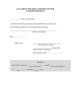North Carolina Child Travel Consent G.S. § 10B-41 Notarial Certificate for Acknowledgment form preview