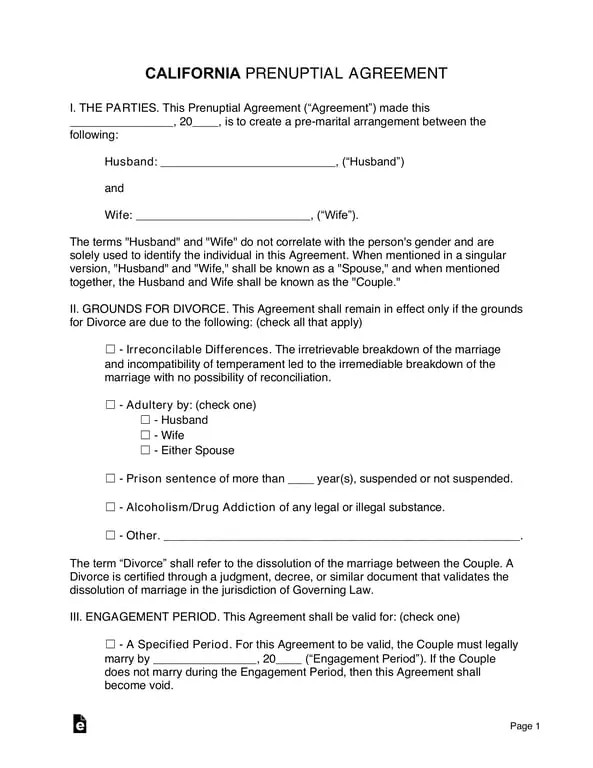 California Prenuptial Agreement - Grounds for Divorce - Rocket Lawyer