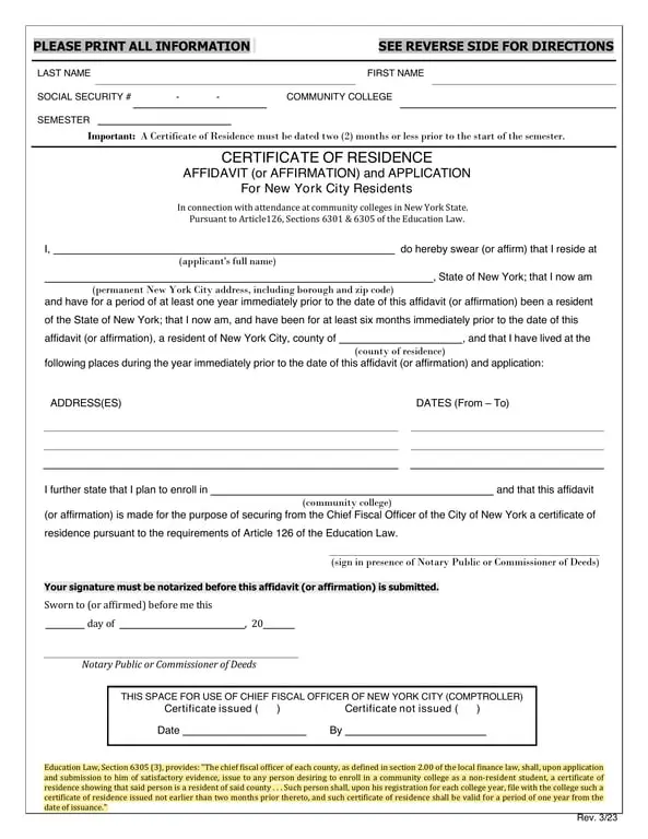 New York City Residency Affidavit for Community College Applicants
