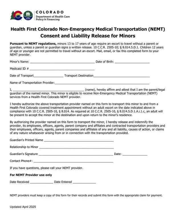 Colorado Minor Medical Transportation Consent and Liability Release