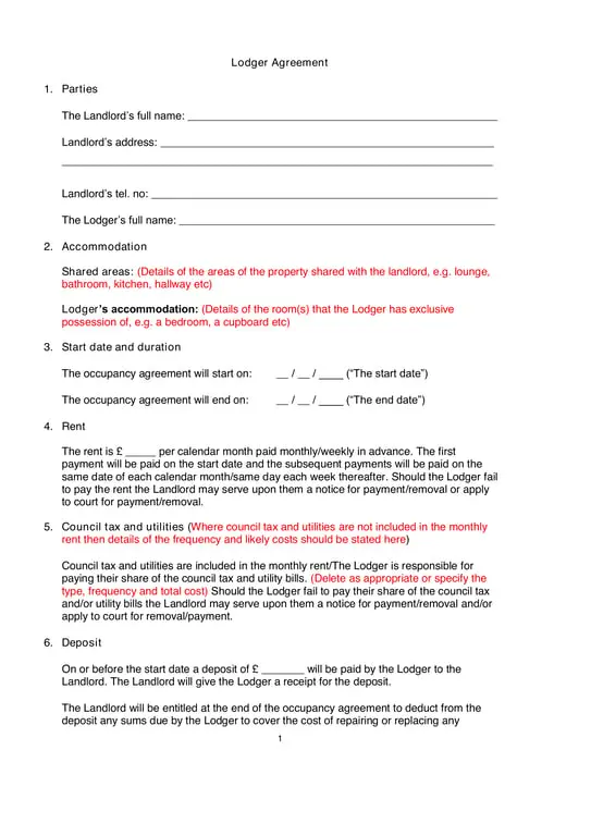 Scotland Lodger Agreement Basic Rental Details