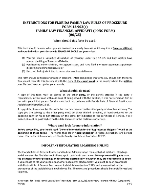 Florida Family Law Financial Affidavit Long Form 12.902(c) Overview