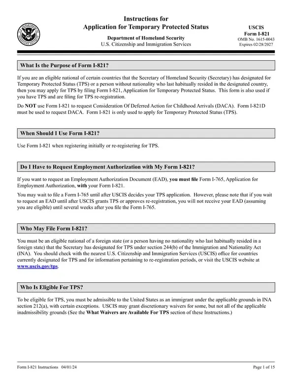 DHS USCIS I-821 Temporary Protected Status Application