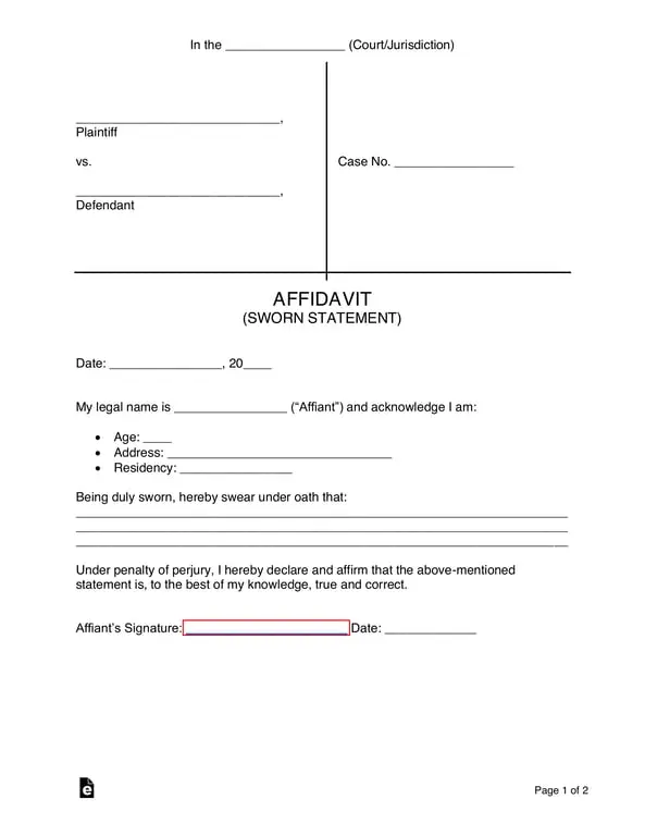Affidavit or Sworn Statement for Legal Proceedings