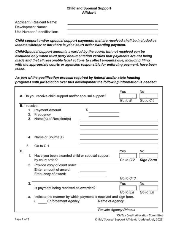 California Affidavit of Support - Verification of Child and Spousal Support Payments