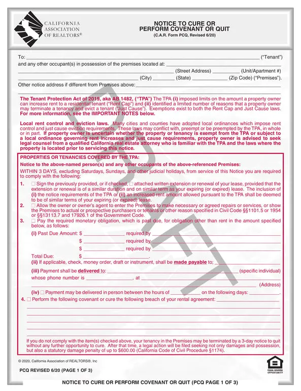 California Tenant Protection Act Notice - C.A.R. Form PCQ Revised 6/20