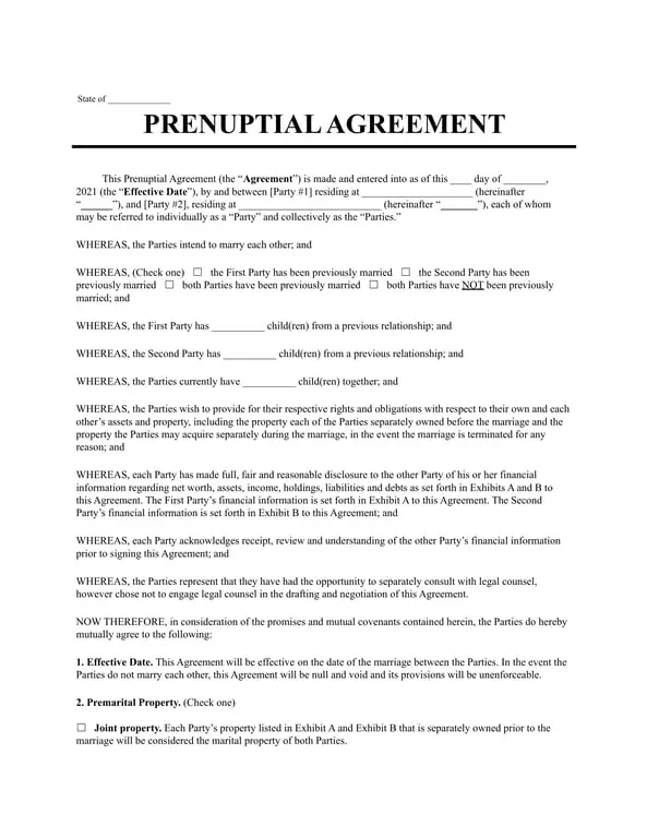 State Prenuptial Agreement Terms and Conditions