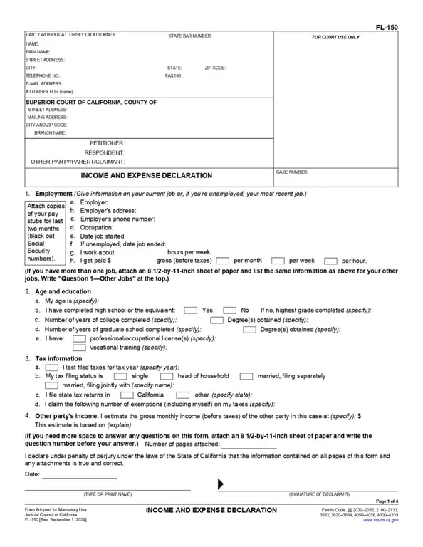 CA FL-150 – Income and Expense Declaration (California)