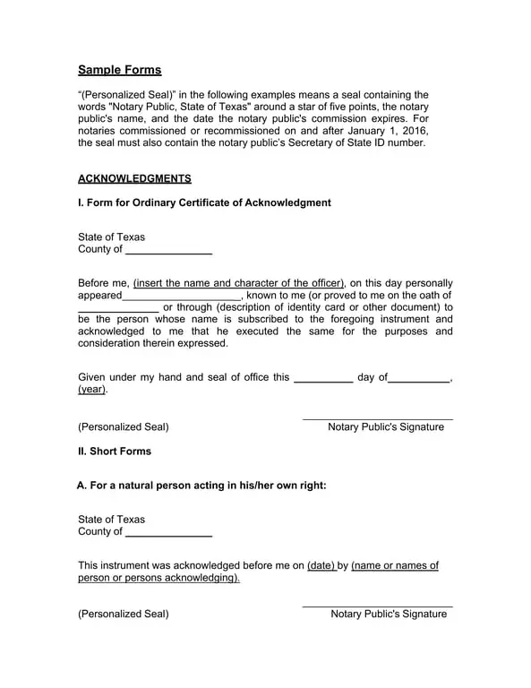 Texas Notary Acknowledgment for Child Travel Consent