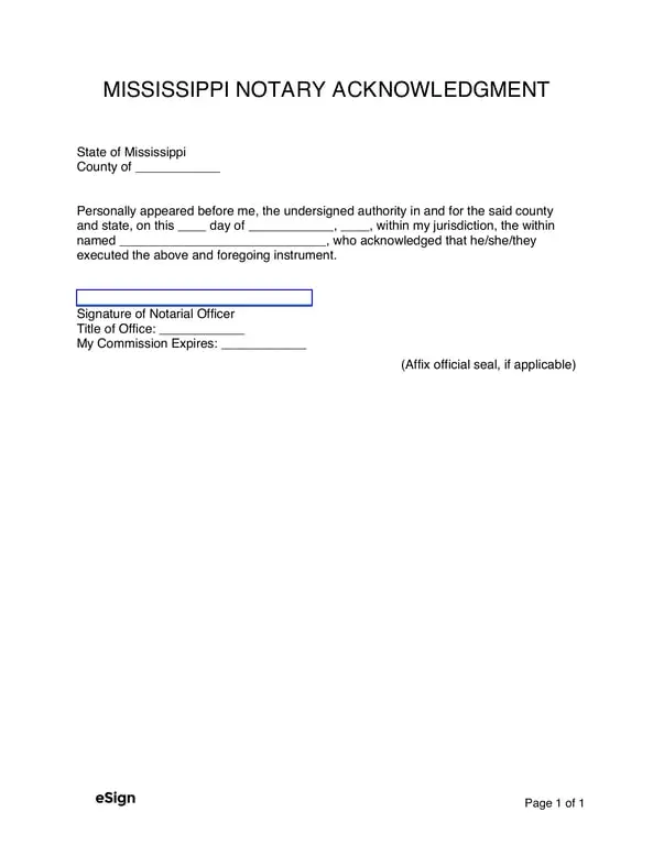 Mississippi Notary Acknowledgment Official Document Verification