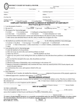 Maryland District Court Tenant Complaint Document for Unsafe Living Conditions form preview