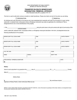 Ohio Transfer on Death BMV 3811 - Designate your Vehicle Beneficiary form preview