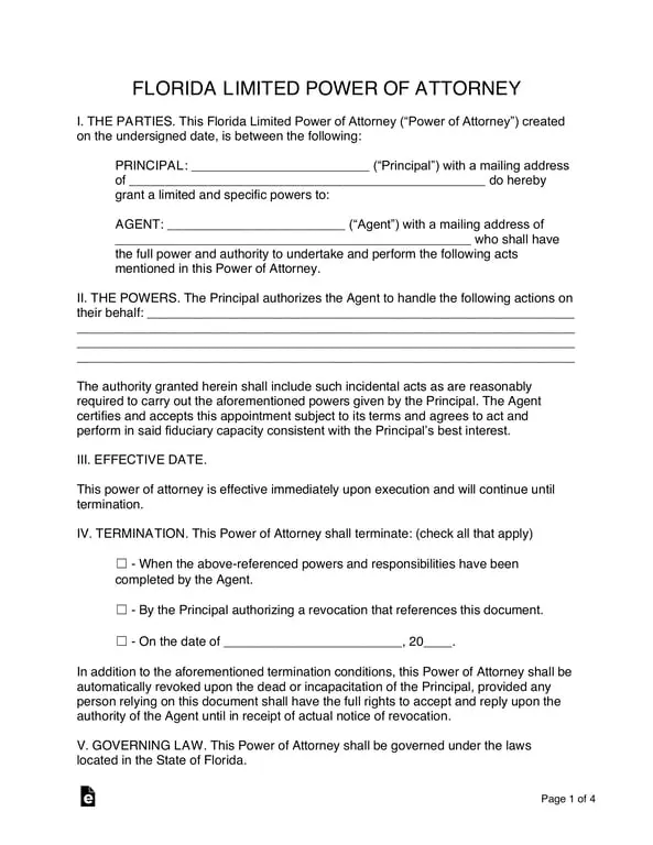 Florida Limited Power of Attorney Official Document