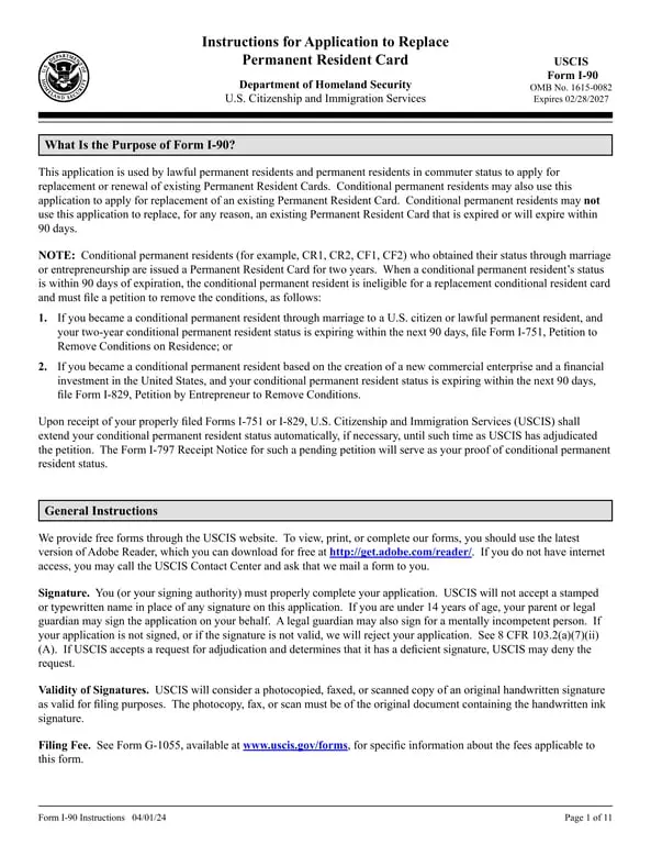 USCIS I-90 Application for Permanent Resident Card Renewal or Replacement
