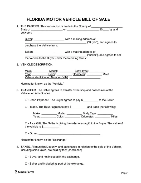 Florida Vehicle Transaction Record with VIN and Payment Details