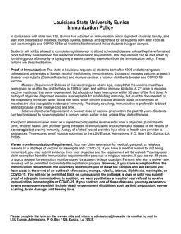 Louisiana State University Eunice Immunization Record Requirement form preview