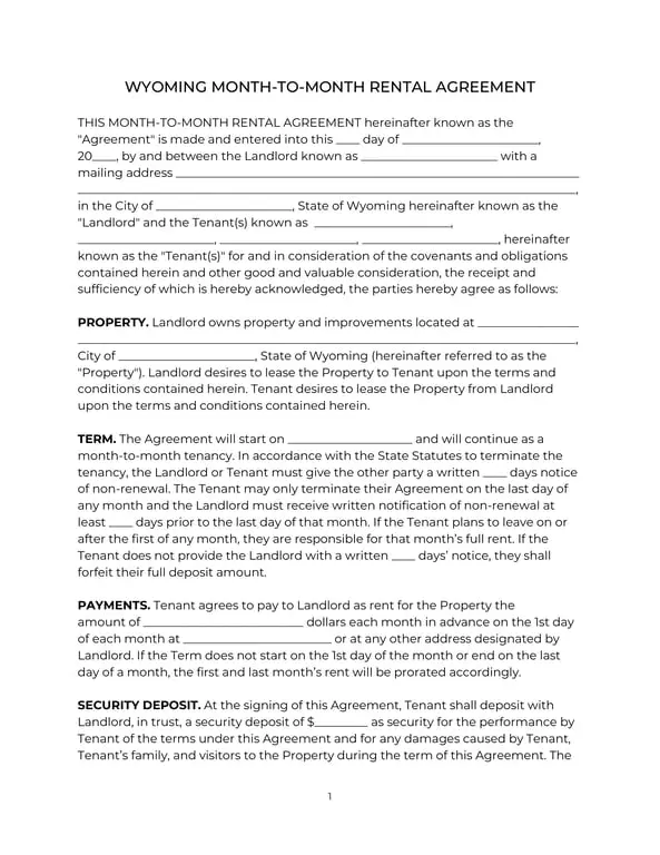 Wyoming Month-to-Month Rental Agreement Details