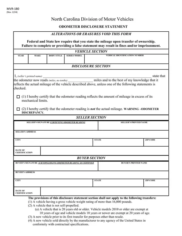 North Carolina MVR-180 Vehicle Mileage and Ownership Transfer Document
