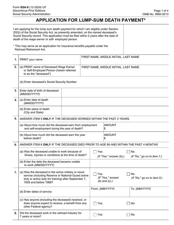 SSA-8 Application for Lump Sum Death Payment and Railroad Retirement Benefits
