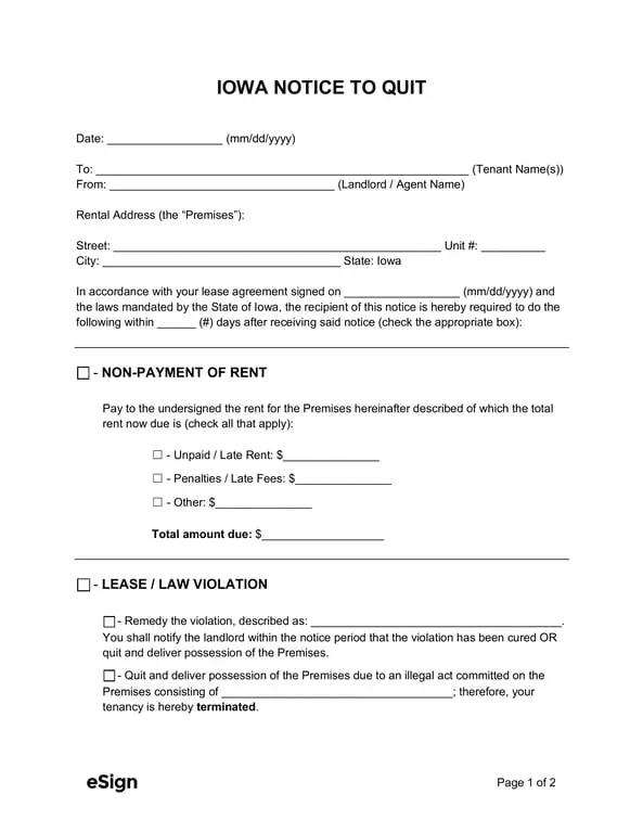 Iowa Notice to Quit - Landlord Tenant Eviction Document