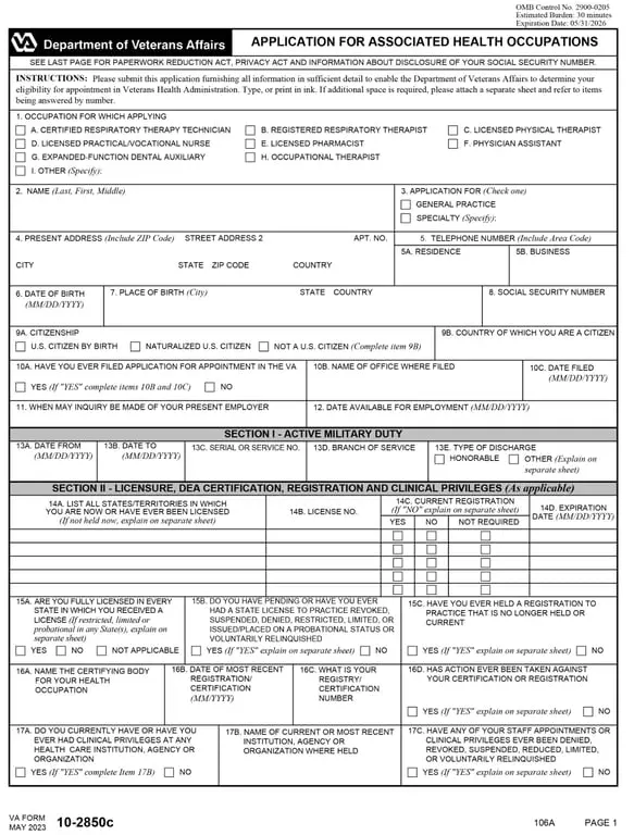 VA 10-2850c – VA Credentialing and Privileging Request