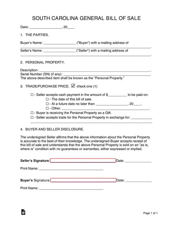 South Carolina General Bill of Sale for Personal Property Transfer