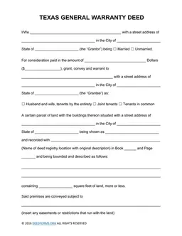 Texas Property Transfer and Title Warranty Deed form preview