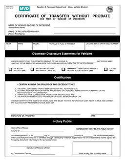 New Mexico MVD-10011 Vehicle or Vessel Transfer on Death Verification form preview