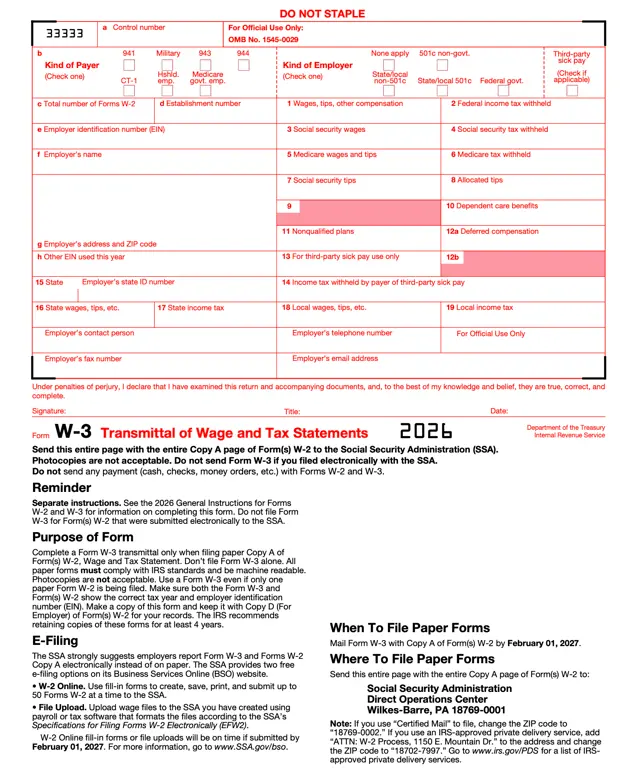 W-3 – Transmittal of Wage and Tax Statements