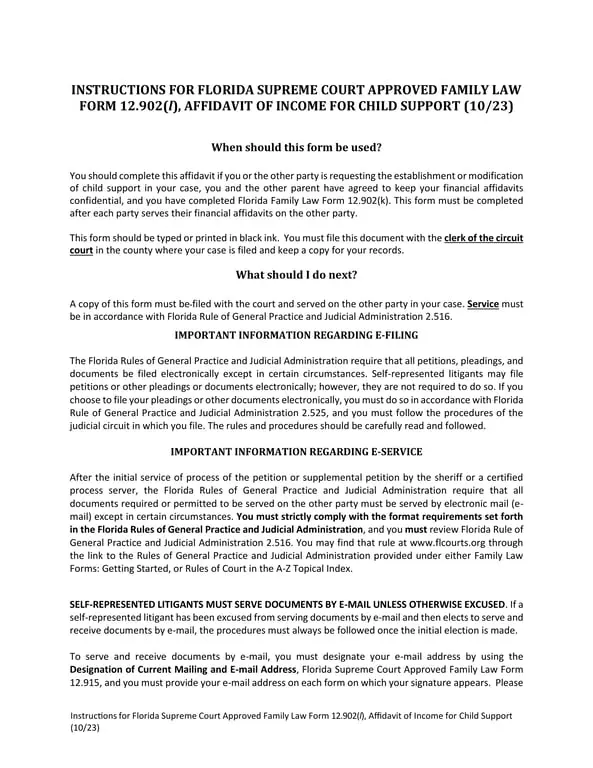 Florida Affidavit of Income for Child Support - Law Form 12.902(l) Guidance