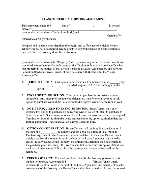 Lease to Purchase Option Agreement - Residential Property Contract