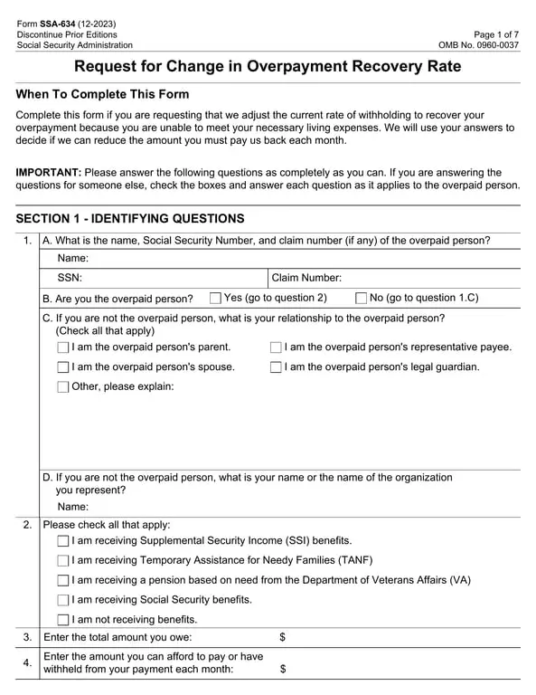 SSA-634 Overpayment Recovery Rate Adjustment Request in Social Security Administration