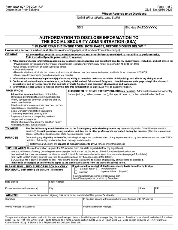 SSA-827 - Granting Social Security Administration Access to Confidential Records