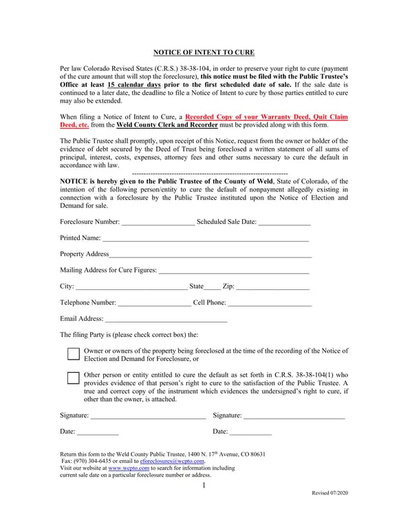 Colorado Intent to Cure Notice - Protecting Your Property from Foreclosure Under C.R.S. 38-38-104 Law