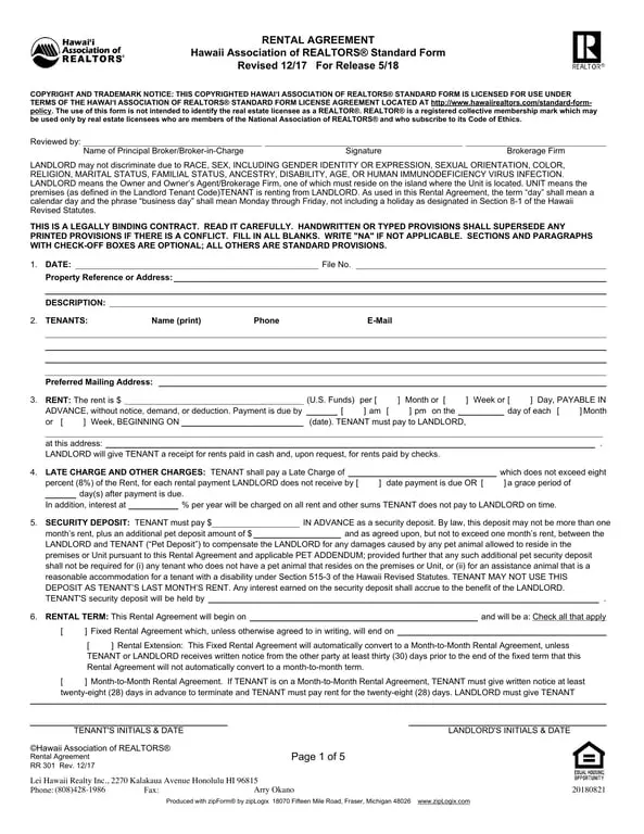 Hawaii Realtors Association Standard Rental Agreement Notice